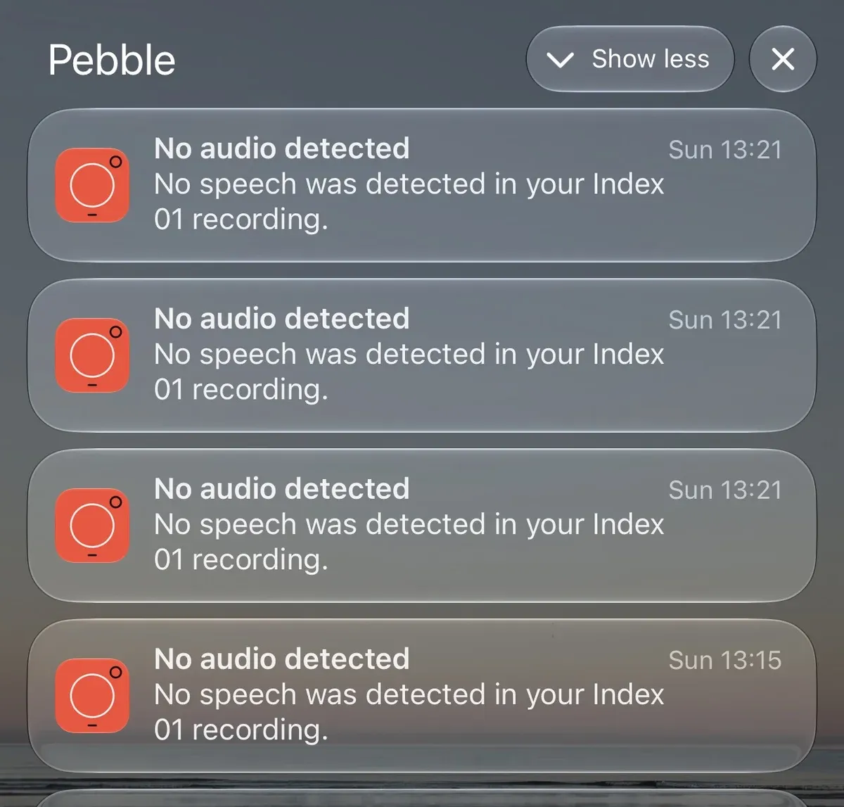 A stack of "No audio detected" notifications from Pebble, logged a few minutes apart from accidental clicks while playing guitar
