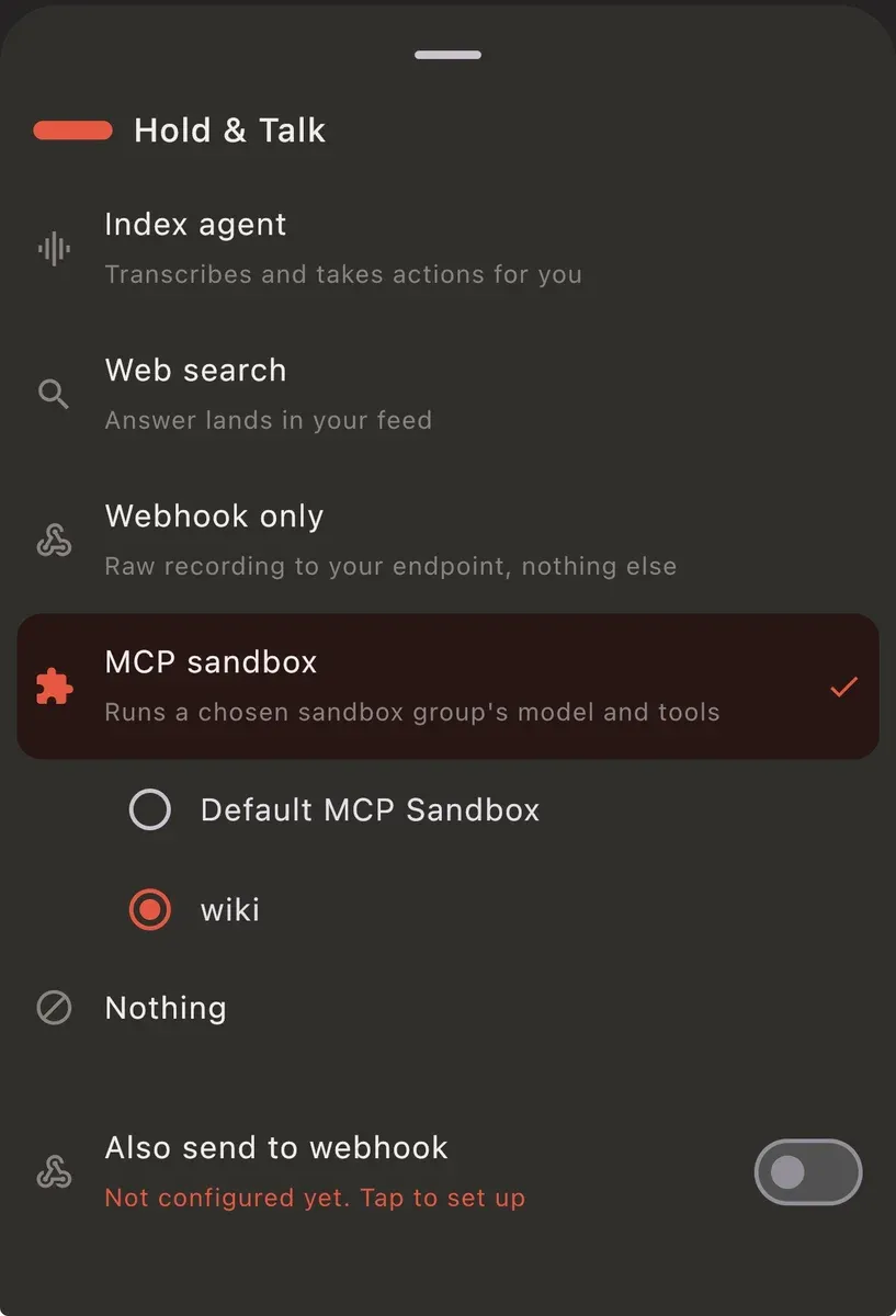 The Hold & Talk settings screen in the Pebble app, with the hold gesture set to run the MCP sandbox against a custom "wiki" sandbox group