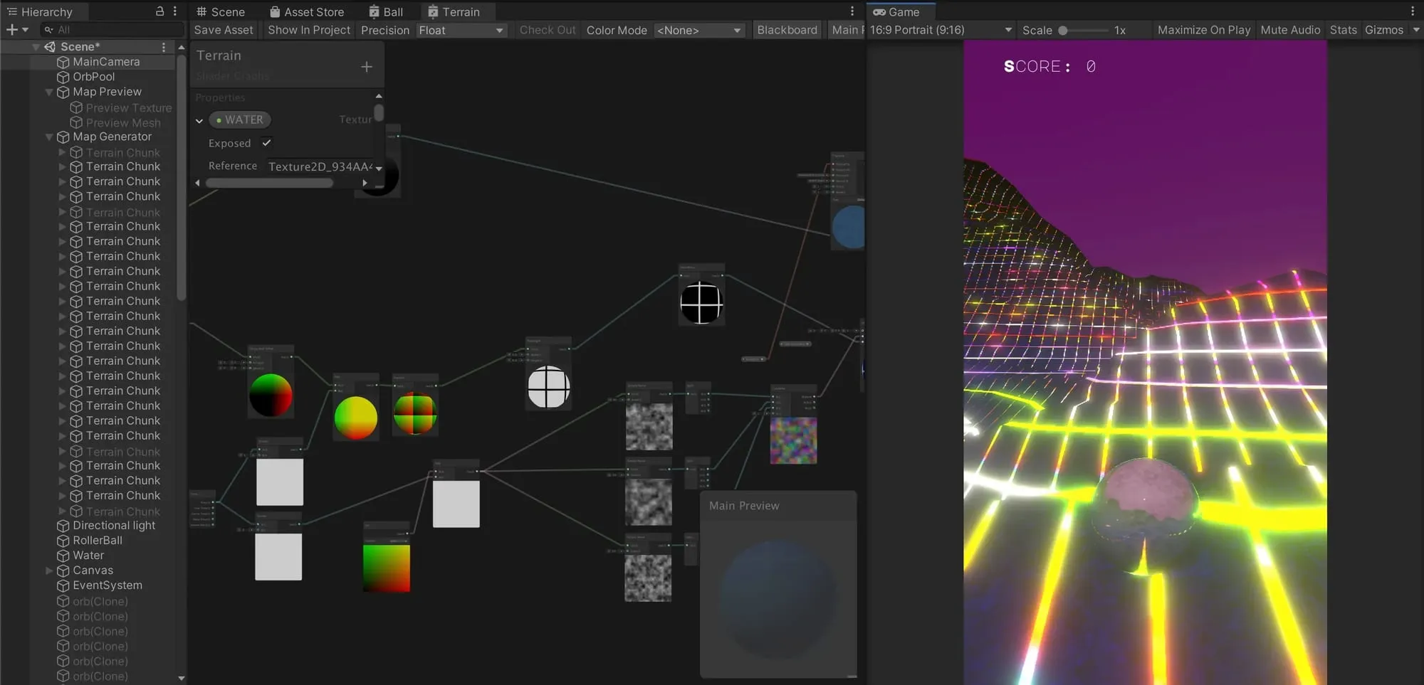A Unity shader graph of linked noise and gradient nodes building a terrain material, beside the running game: a neon wireframe landscape under a magenta sky